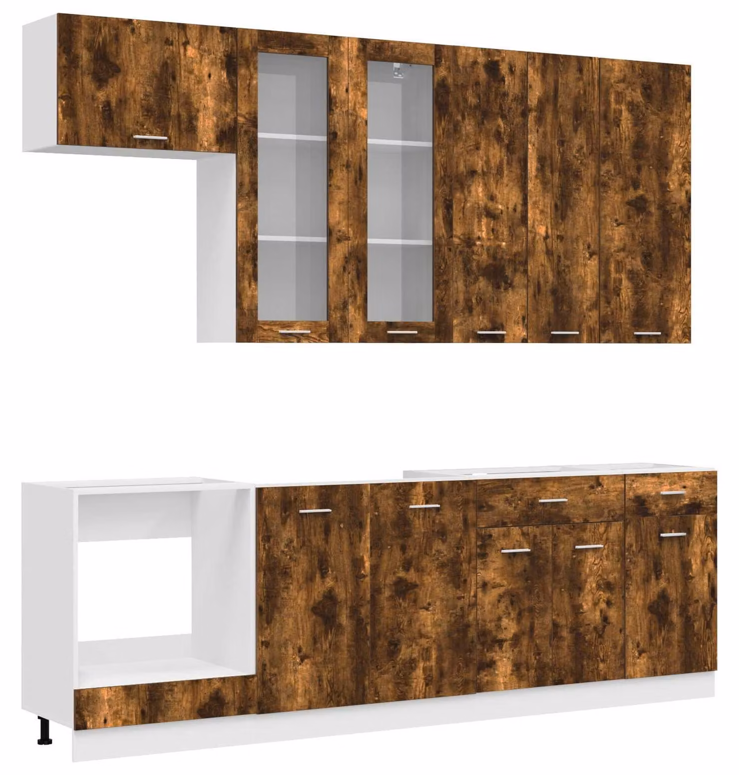 Set da cucina LYON, 8 pezzi, realizzato in legno impiallacciato di quercia affumicata