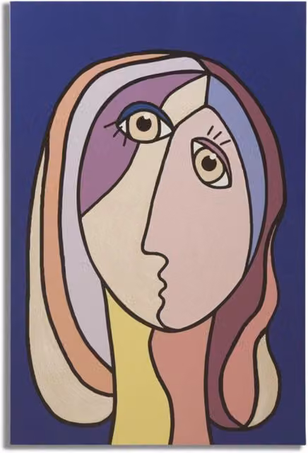 Stampa su tela Vikasa Home con volto femminile cubista astratto multicolore su fondo blu, L 80 cm x H 120 cm