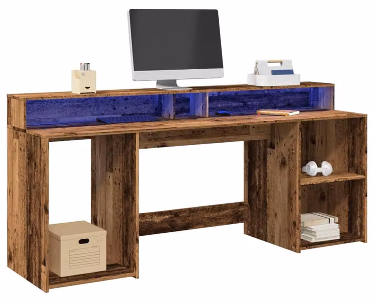 Scrivania - Tavolo da lavoro - Tavolo per laptop - Scrivania per computer - Scrivania in legno antico - Illuminazione LED RGB