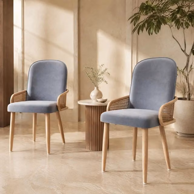 Set di 2 sedie da pranzo in velluto con schienale effetto rattan e gambe in metallo; grigio