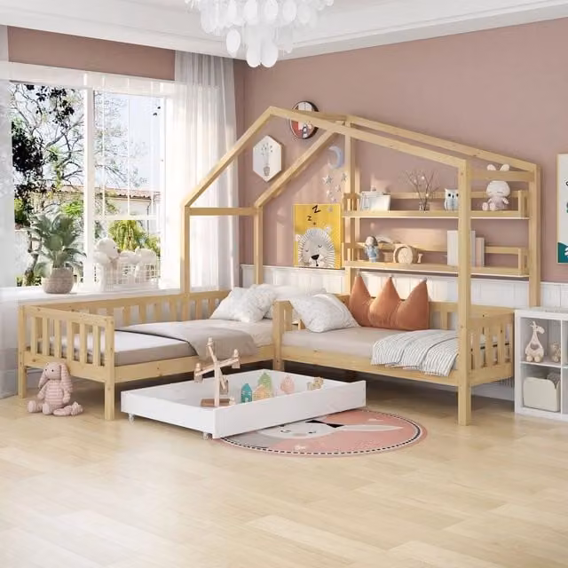 Letto Casetta per Bambini con Cassetti e Doghe ¨C MINIMAL ¨C Legno Massello Naturale 90x200 + 140x70