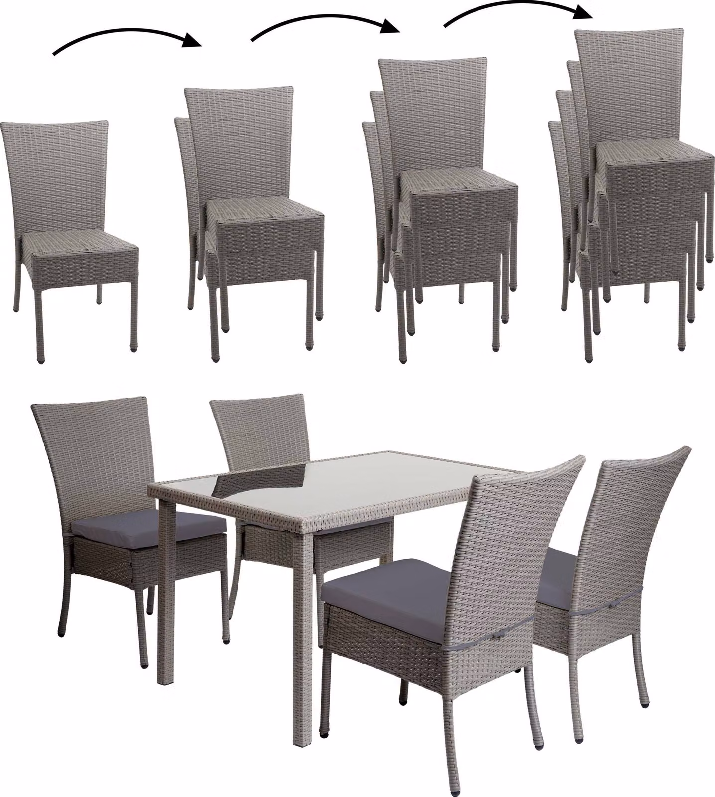 Set in polyrattan MCW-G19, set da balcone/salotto, 4 sedie + tavolo, 120x75 cm ~ grigio, cuscini grigio scuro