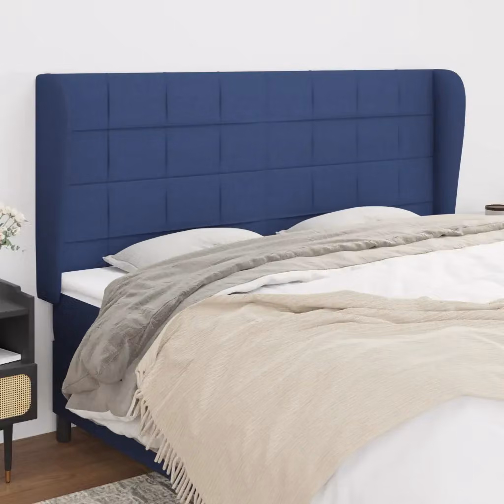 Testata del letto ad orecchio in tessuto blu con struttura in legno L: 183 cm, P: 23 cm, H: 118/128 cm – 2