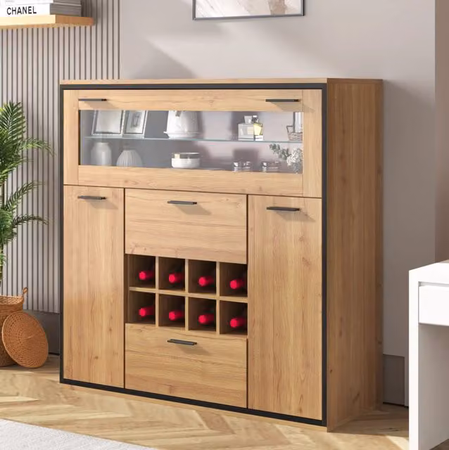 Credenza portabottiglie 110x38x111 cm con 2 ante; LED e divisorio in vetro; legno naturale e nero