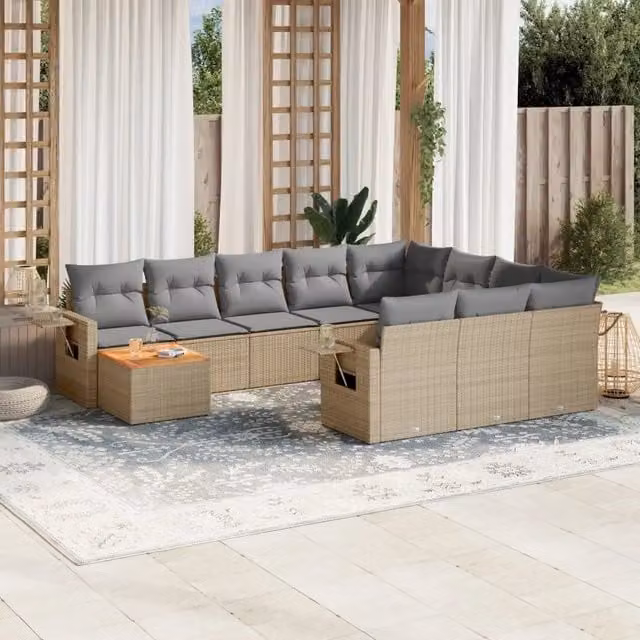Set Divano da Giardino Moderno VIDAXL in Polyrattan con Cuscini Beige, 11 Pezzi, Forma a L – 1