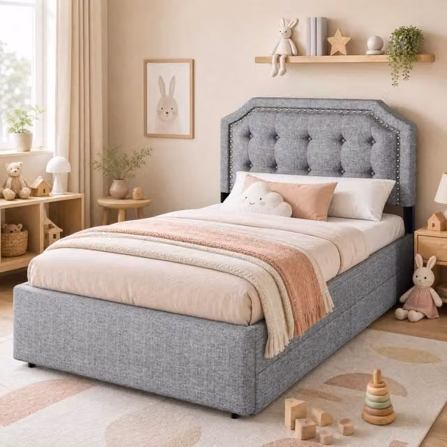 Letto imbottito 90 x 200 cm con 2 cassetti e testiera regolabile in lino grigio