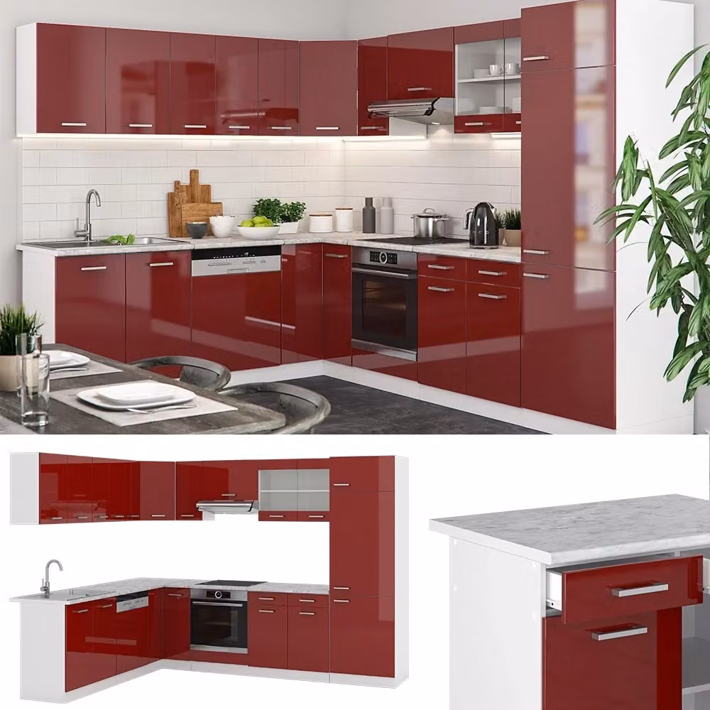Cucina angolare moderna R-Line Vicco in rosso lucido, bianco e grigio con dettagli in rovere, L/P/H: 287 x 227 x 60 cm – 2