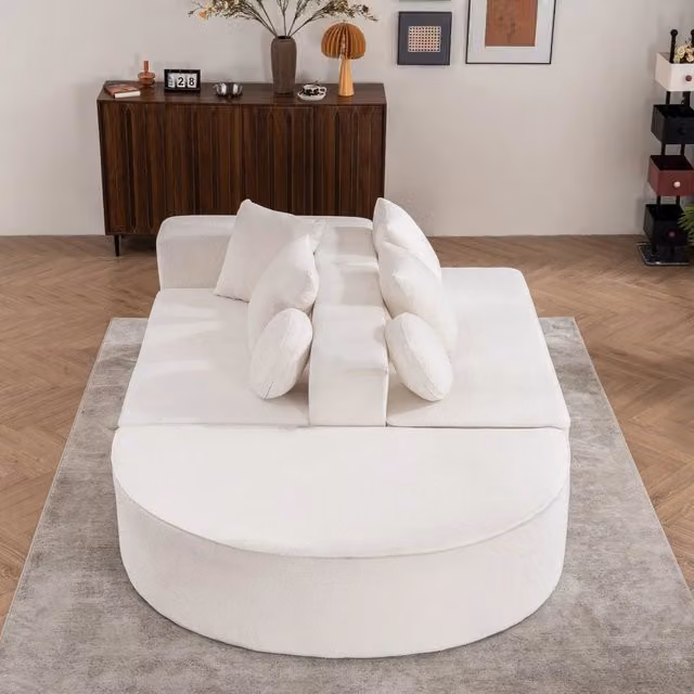 Divano modulare L-shape REDOM in tessuto Chenille bianco con funzione letto, L/P/H: 263 x 171 x 66 cm