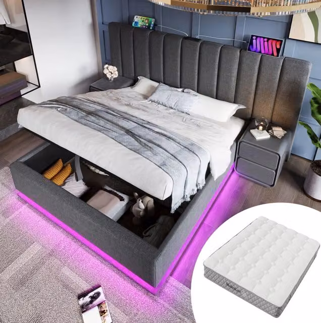 Letto contenitore 180x200 cm con apertura idraulica; LED; USB-C e materasso H3; lino grigio