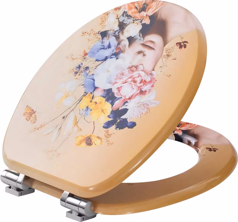 Happiq Sedili ovali per WC in legno - Chiusura ammortizzata e sgancio rapido - MDF con decoro - Universale