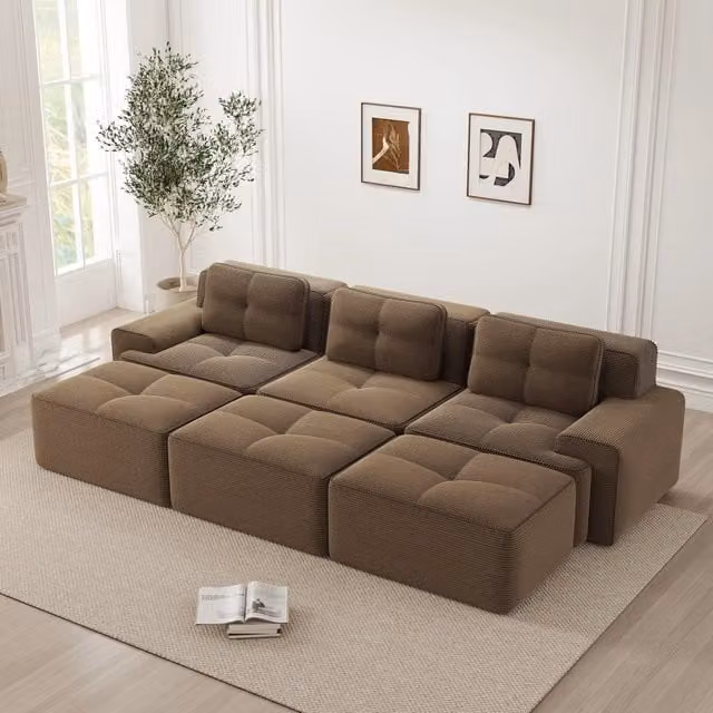 Divano angolare 293x177x69 cm in corduroy marrone, con funzione letto, per soggiorno –