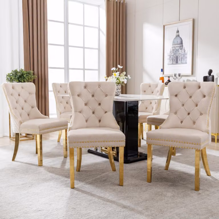Sedia da pranzo Fortuna Lai (ideale anche come sedia per il soggiorno, con un motivo unico a forma di porta sul retro, confezione da 6), sedia imbottita con dettagli in metallo a forma di chiodo, gambe in acciaio inossidabile dorato, rivestimento in vellu