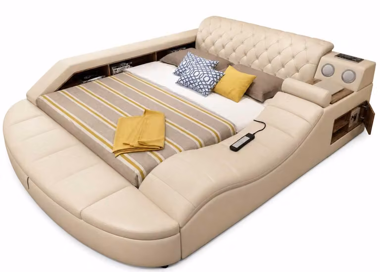 Letto multifunzionale moderno color beige, con testiera in stile Chesterfield e design confortevole