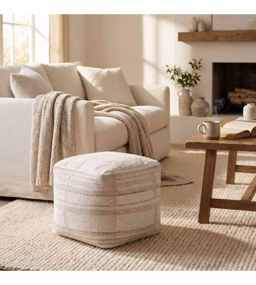 Cosma Pouf Quadrato Ecrù e Bianco 40x40 cm in Cotone e Lana