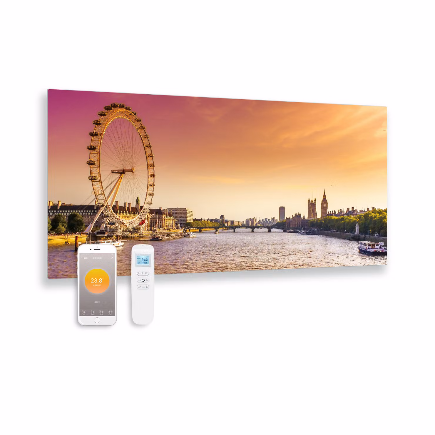 Pannello a infrarossi in vetro stampato con wifi e telecomando London eye 119x59 700Watt