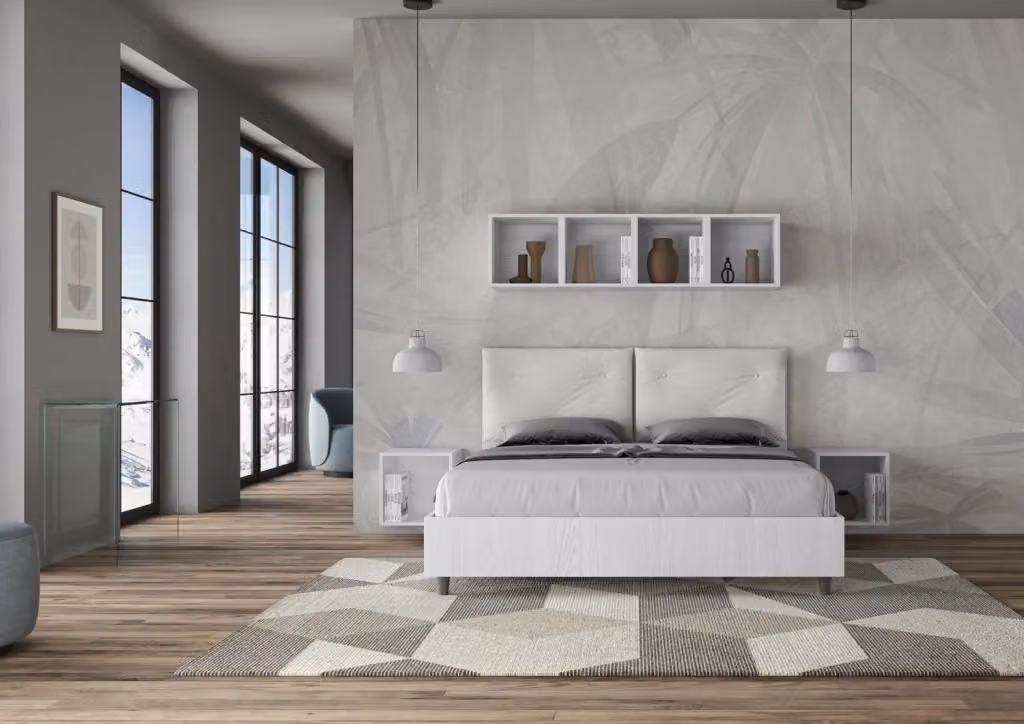 Letto Matrimoniale Giordanoshop con Contenitore a Alzata e Cuscini in Similpelle Bianco Frassico L/P: 160 x 200 cm – 2