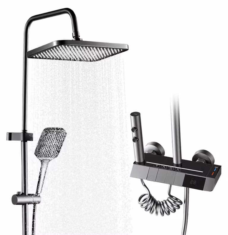 Sistema doccia REMZETTA in ottone verniciato grigio gunmetal, con display digitale e illuminazione, dotato di soffione, doccetta manuale e getto spray aggiuntivo, versione UE