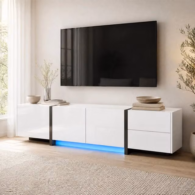 Mobile TV moderno MODFU in legno bianco e nero lucido L/P/H: 170 x 30 x 39 cm – 1