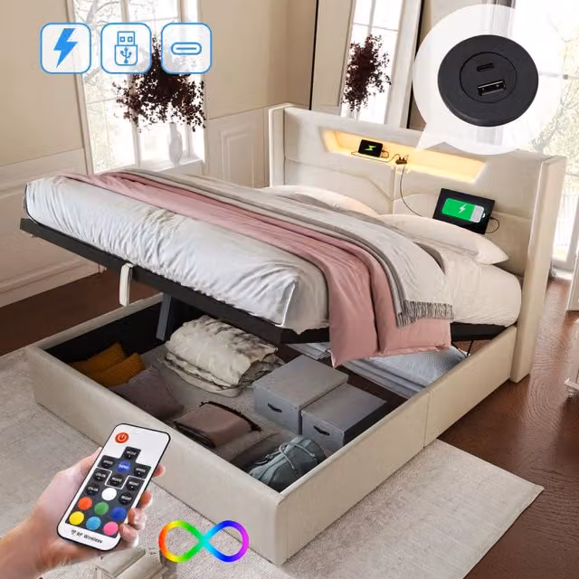 Letto contenitore matrimoniale 160 × 200 cm con LED, USB e Type-C, senza materasso, in lino beige