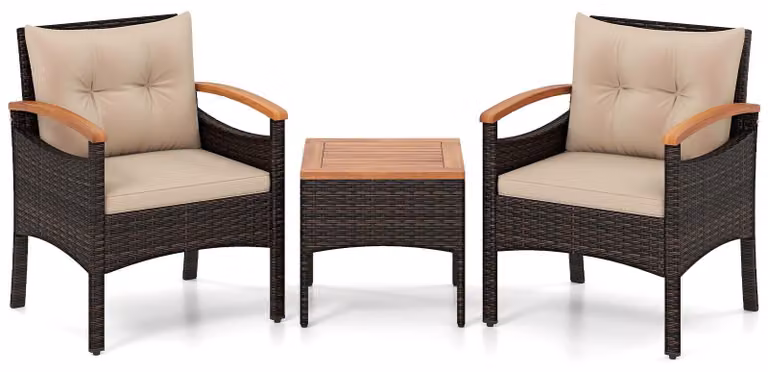 Set da giardino in rattan da 3 pezzi con tavolo in acacia e cuscini