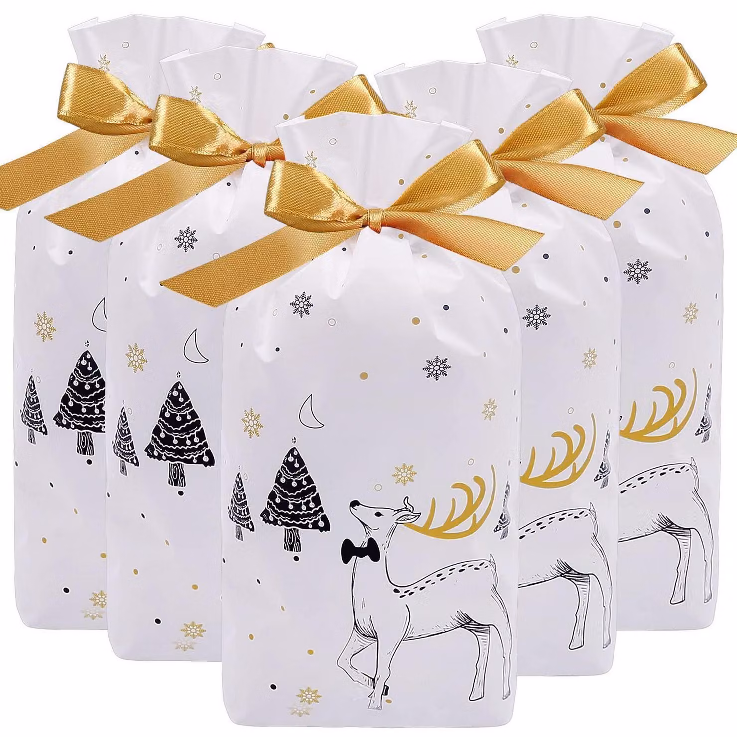 Sacchetti per dolcetti natalizi, confezione da 50 pezzi, colore bianco, motivo renna, dimensioni 14,7 x 22,5 x 6 cm, adatti al contatto con gli alimenti