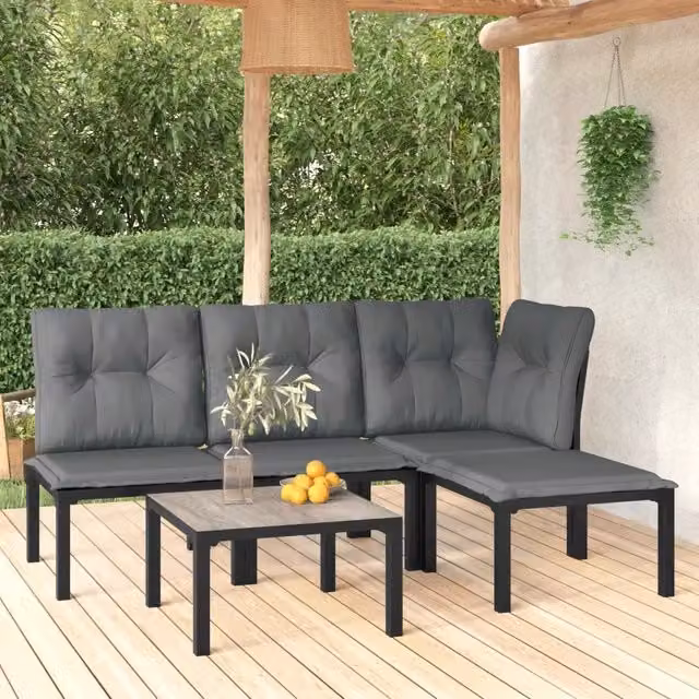 Set Salotto da Giardino Moderno vidaXL a Forma a L in Polyrattan Nero e Grigio con Cuscini e Tavolino da Caffè – 1