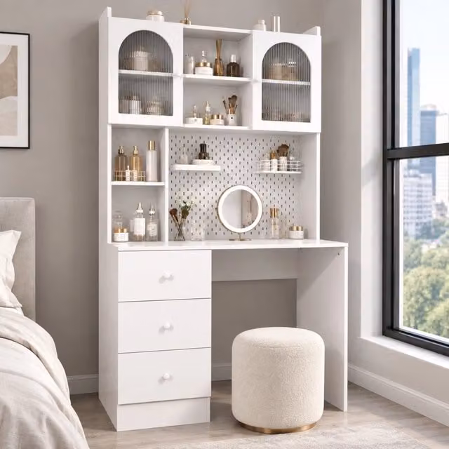Scrivania 100x55x180 cm bianca in MDF con 3 cassetti e libreria