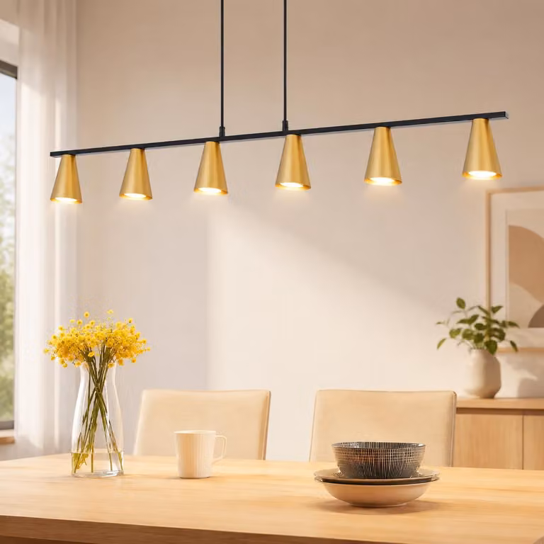 Lampada a sospensione ZMH, 6 luci, 110 cm, moderna, dorata, ideale per la sala da pranzo. Lampada a sospensione con portalampada GU10, in metallo, adatta per la sala da pranzo. Altezza regolabile, ideale come lampada per la tavola, lampada da ufficio