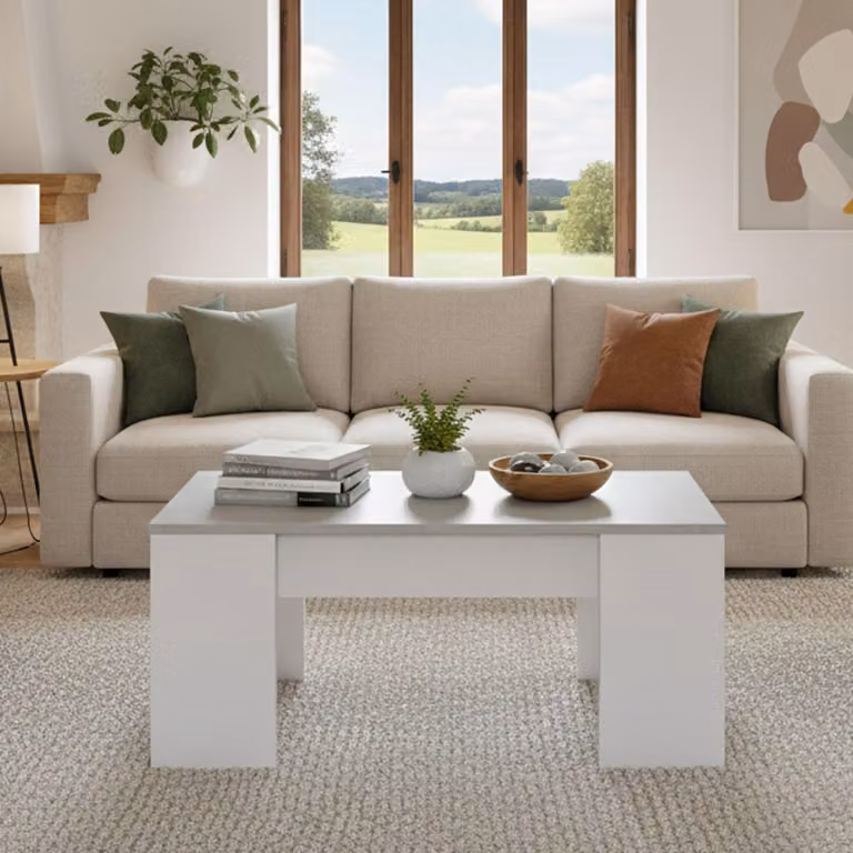 Dmora Tavolino da Salotto Almas 45x100x50h cm Bianco, un Vano Piano Elevabile, Contenitore