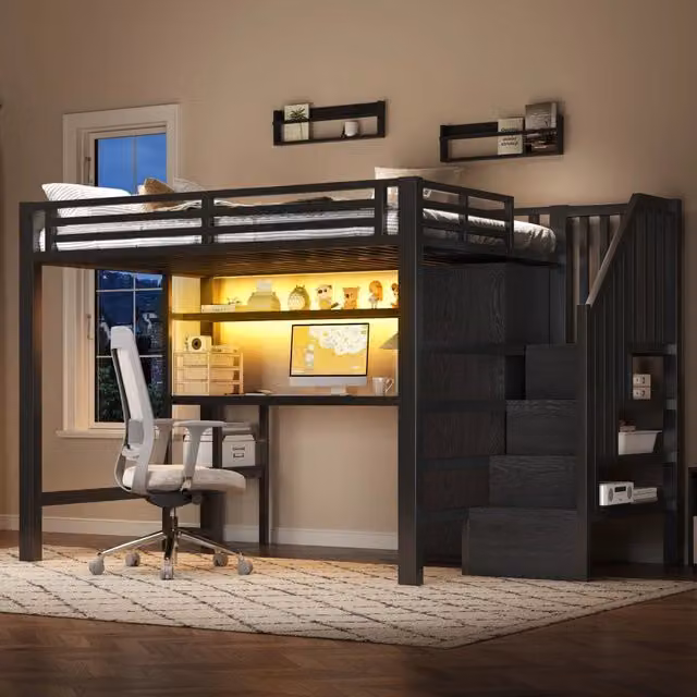 Letto a soppalco in metallo con scrivania, armadio e scala, 140x200 cm, nero