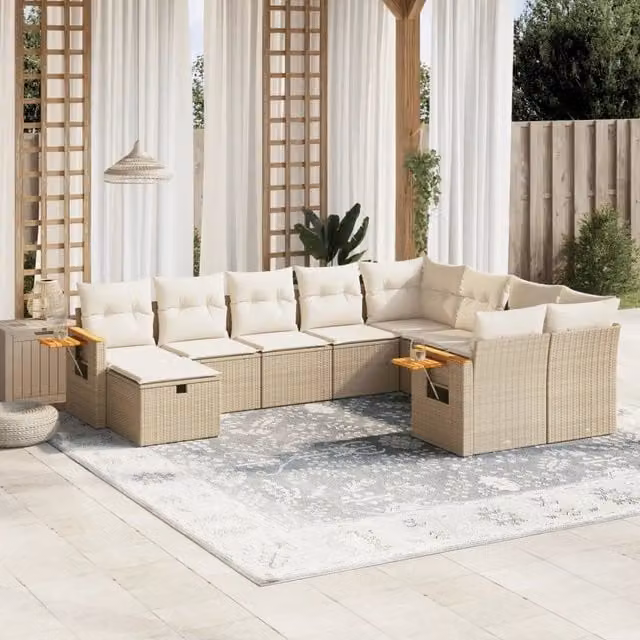 Set Divano da Giardino a Forma di U vidaXL in Polyrattan con Cuscini Beige e Tavolino da Esterno 10 Pezzi – 1