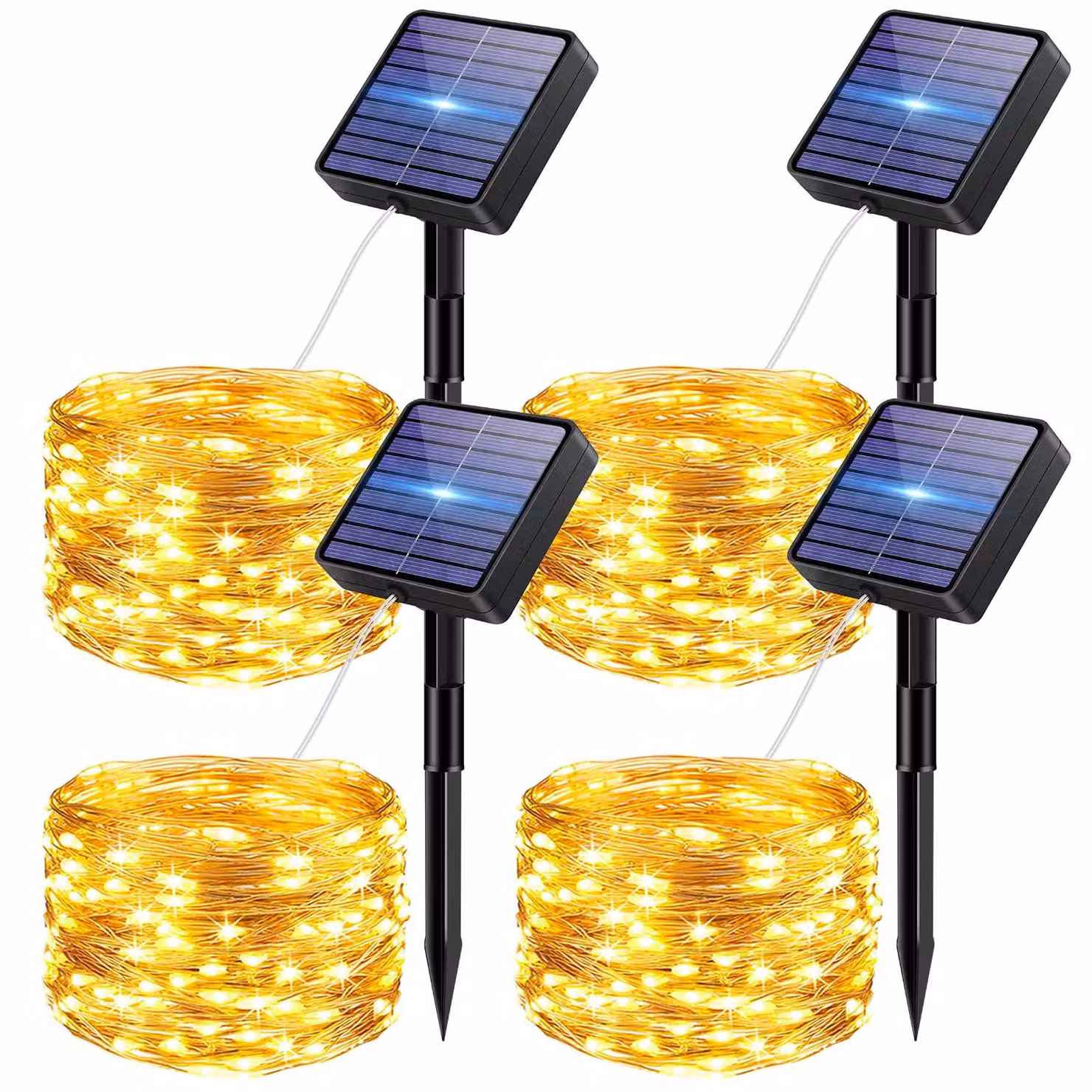 Set di 4 catene luminose solari, 50 LED, luce bianco caldo, resistenti alle intemperie