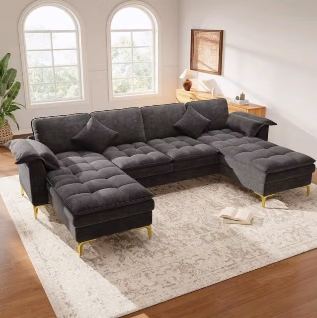 Divano angolare a U modulare 4-5 posti con 2 chaise longue; chenille grigio