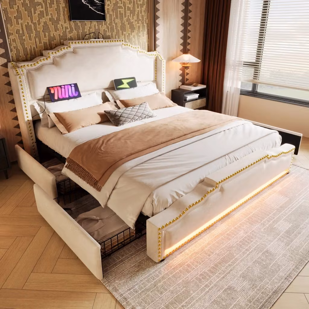Letto Mivray con 4 cassetti, illuminazione LED e porte USB/Type-C, rivestito in velluto beige, L/P/H: 160 x 200 x 120 cm – 2