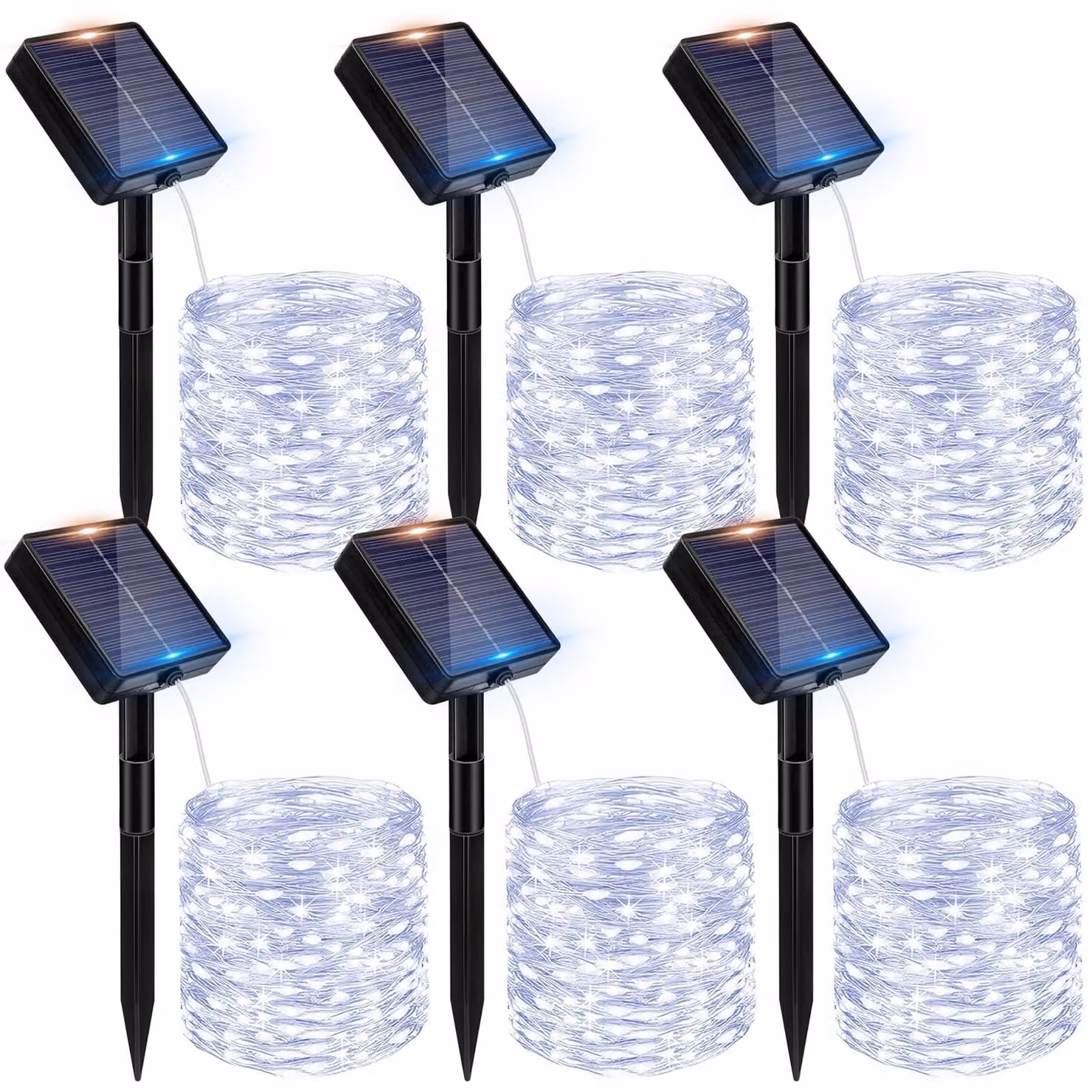 Catena luminosa solare, set da 6, 12 metri, 120 LED, grado di protezione IP65, 8 modalità, luce bianca fredda