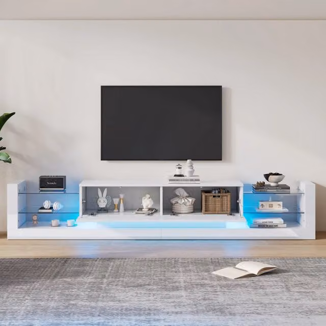 Mobile TV REDOM Bianco Lucido con LED e Frontale in Vetro L: 181 cm, P: 38 cm, H: 38 cm