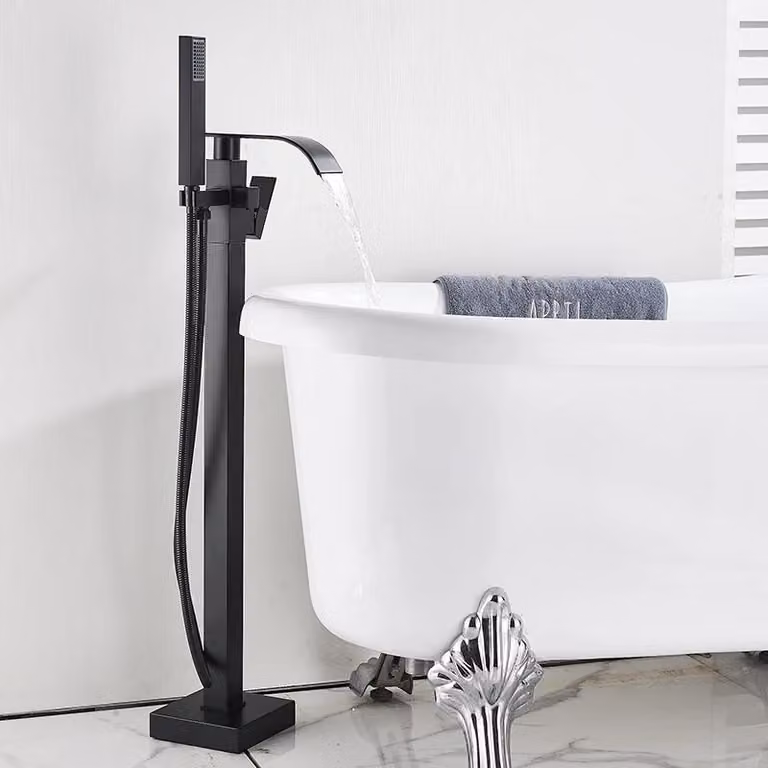 Rubinetto per vasca da bagno a colonna - Montaggio a pavimento con doccetta - Monocomando, caldo/freddo, cartuccia in Vetroceramica, acciaio inossidabile 304 - Nero opaco