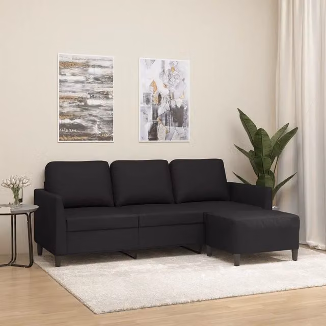 Divano a 3 posti moderno vidaXL con poggiapiedi coordinato in similpelle nero L: 200 cm, P: 80 cm, H: 77 cm