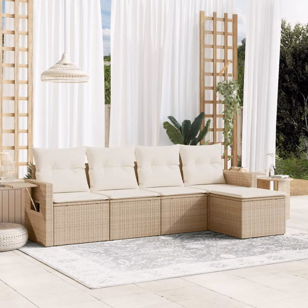 vidaXL Set Divano da Giardino a L 5 pz con Cuscini Beige in Polyrattan e Struttura in Acciaio Verniciato a Polvere – 1
