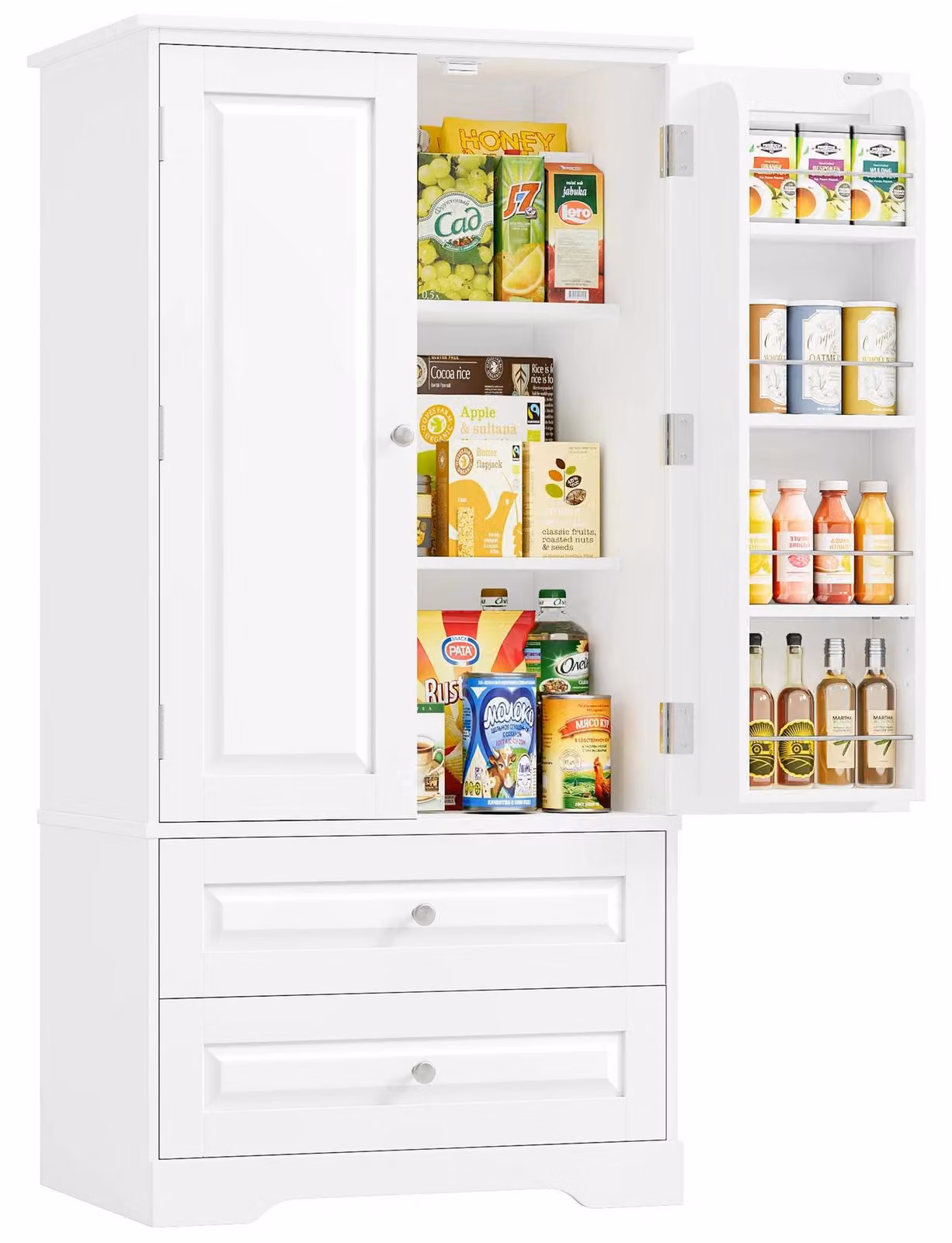 Credenza da cucina - Credenza alta - 2 ante e 2 cassetti - Ripiani regolabili - Pannelli in MDF - 60x40x120 cm - Bianco