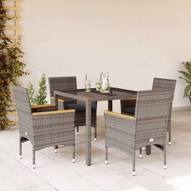 Set da pranzo da giardino moderno vidaXL in polyrattan grigio con tavolo in legno di acacia e vetro, 5 pezzi