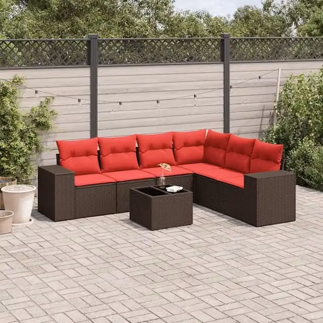 Set Divani da Giardino 7 pz con Cuscini Marrone in Polyrattan 3222623