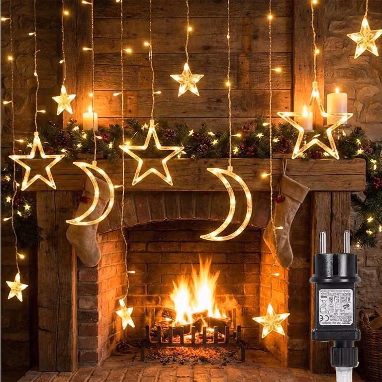 Stella luna luci fatate 3M Natale luci decorative tenda bianco caldo 124 LED 8 modalità decorazione di Natale festa finestra soggiorno camera da letto luci