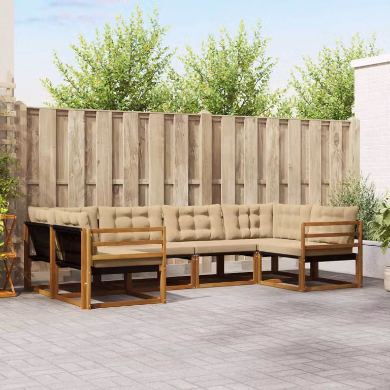 Set di divani da esterno vidaXL a forma di L composto da 6 pezzi in legno di acacia e tessuto textilene, colore beige e marrone