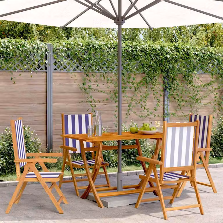 Set di 4 sedie da giardino reclinabili vidaXL in legno di acacia oliato e tessuto a righe blu e bianco