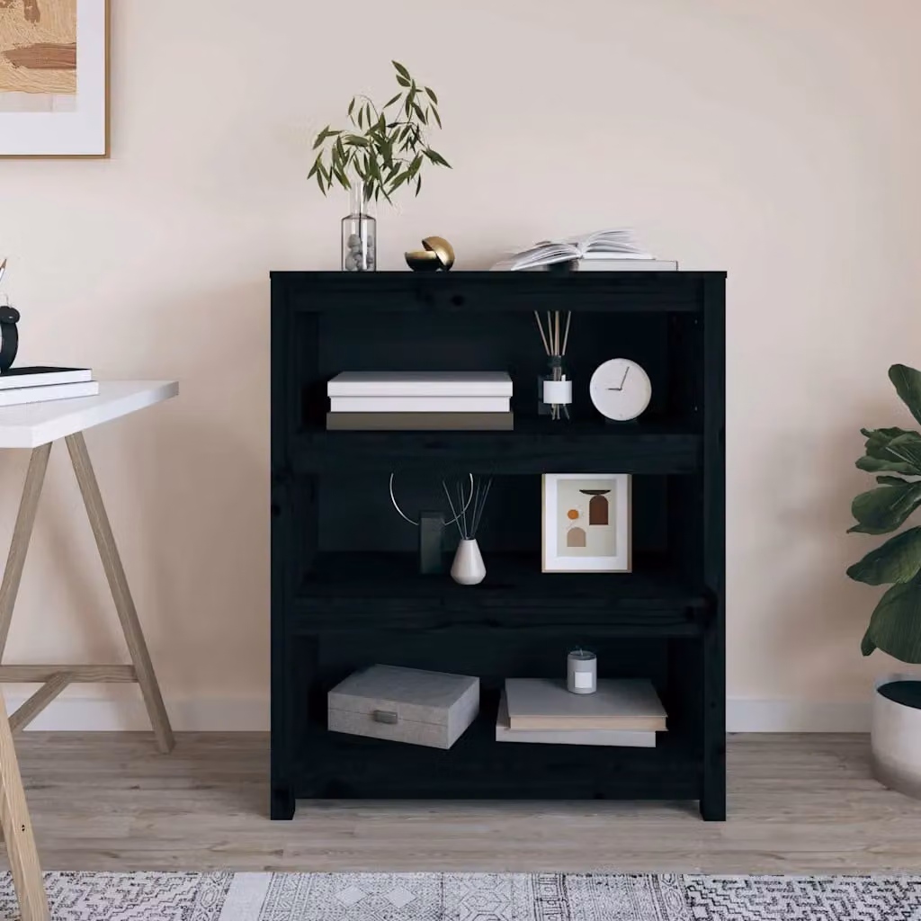 Libreria moderna vidaXL in legno massello di pino nera con pannello posteriore L: 80 cm, P: 35 cm, H: 97 cm