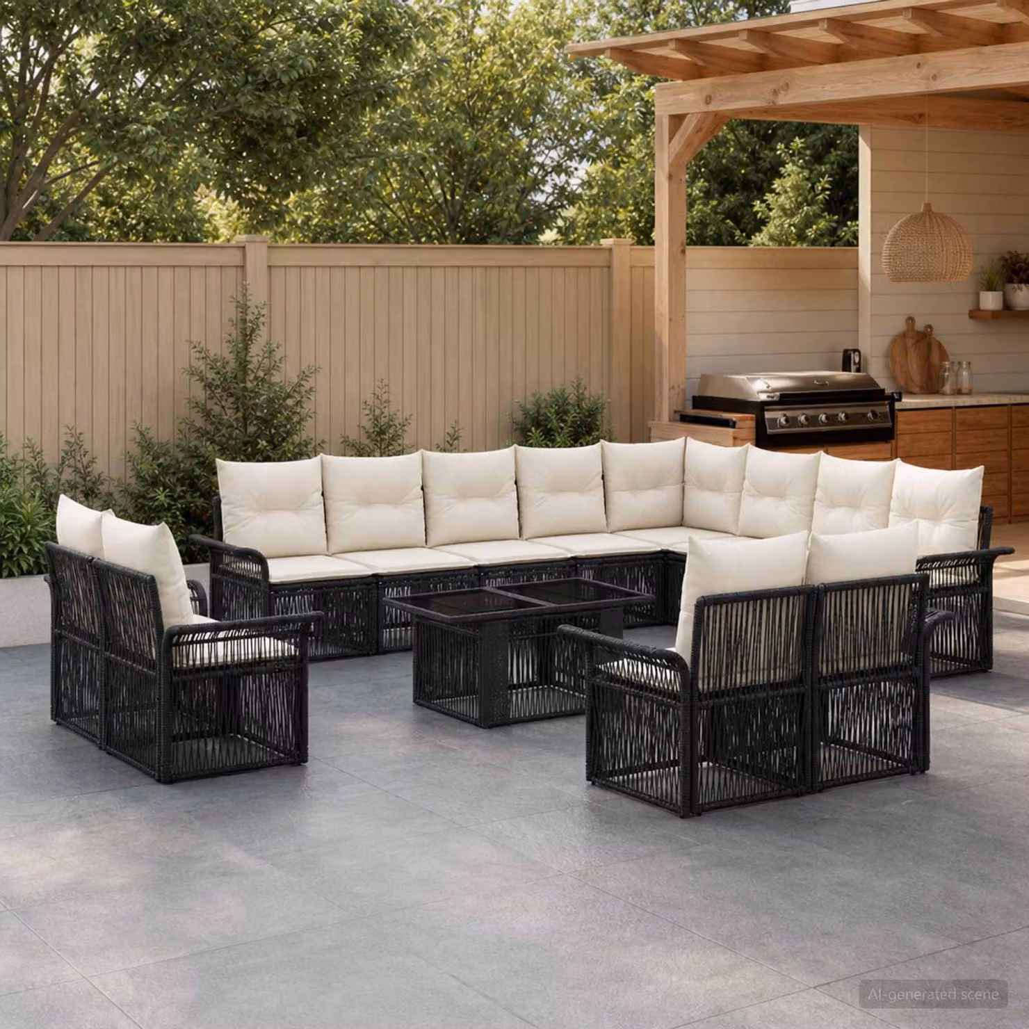 Set Divano da Giardino vidaXL a Forma di U in Polyrattan con Cuscini Bianchi e Nero, Include Divano a 3 Posti, Elementi Angolari e Tavolino da Caffè