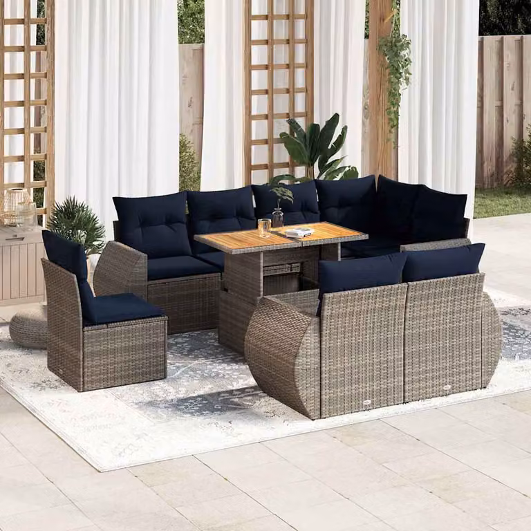 Set Divano da Giardino vidaXL 9 pz in Polyrattan e Legno di Acacia con Cuscini Grigio e Blu