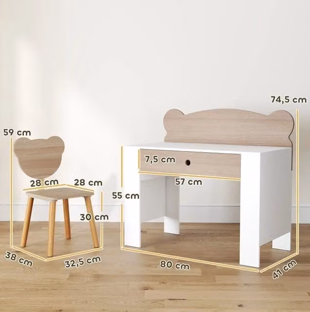 Scrivania per bambini ULEVR con sedia e cassetto, 80x41x74,5 cm, legno naturale