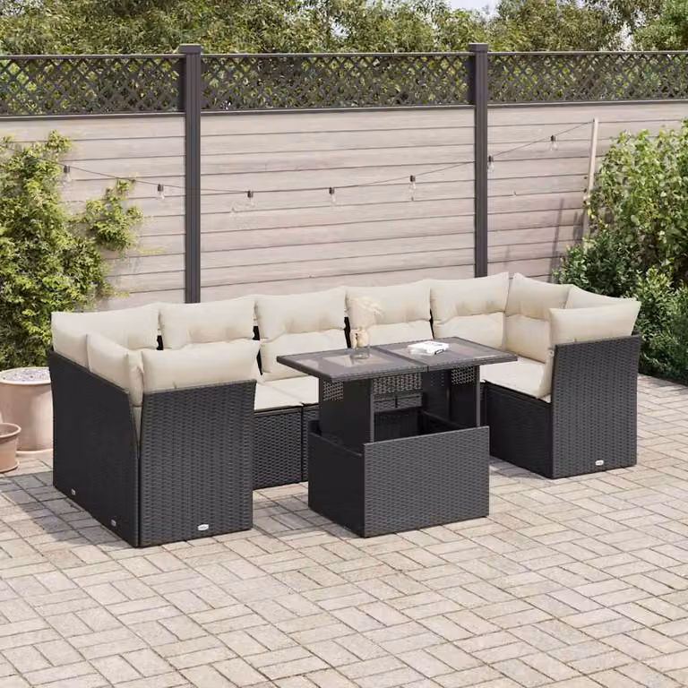 Set Divano da Giardino a L vidaXL con Tavolino in Vetro e 8 Cuscini, Polyrattan Nero e Bianco